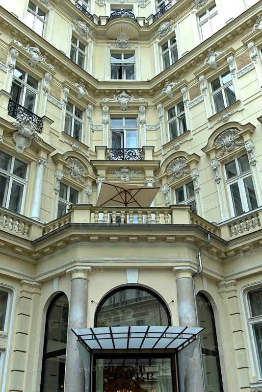 Art Nouveau window front at the Grandhotel Pupp in the spa district, Karlovy Vary, Bohemia, Czech Republic, Europe