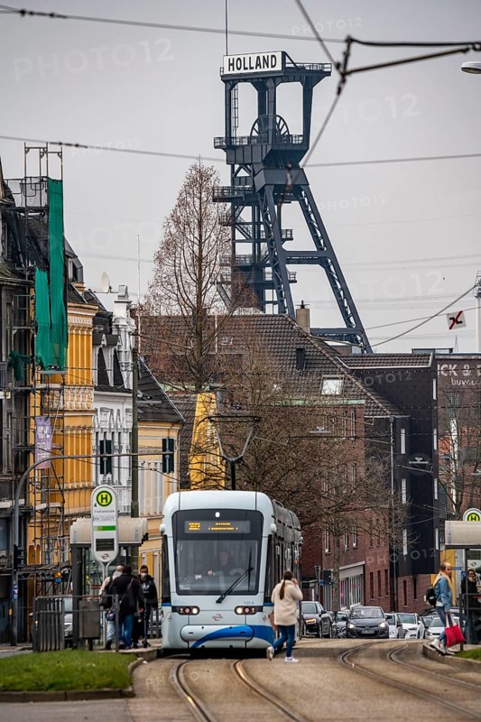 Tram, line 302, on Friedrich-Ebert-Straße, Freiheitstrasse stop, in Bochum-Wattenscheid, in the background the headframe of the former Holland colliery, Bochum, North Rhine-Westphalia, Germany, Europe
