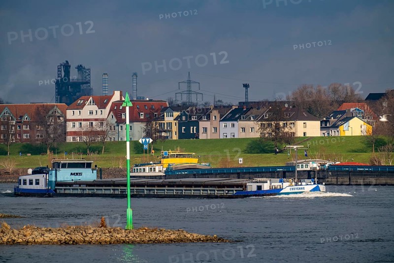 The river Rhine near Duisburg, houses on the Rhine dyke, Laar district, Thyssenkrupp Steel steelworks in Bruckhausen, cargo ship, Duisburg, North Rhine-Westphalia, Germany, Europe