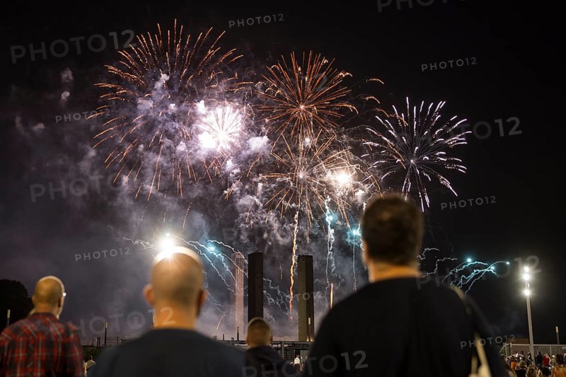 Spectators watch the fireworks at the Pyronale on the Maifeld at the Olympic Stadium, Berlin, 30/08/2024