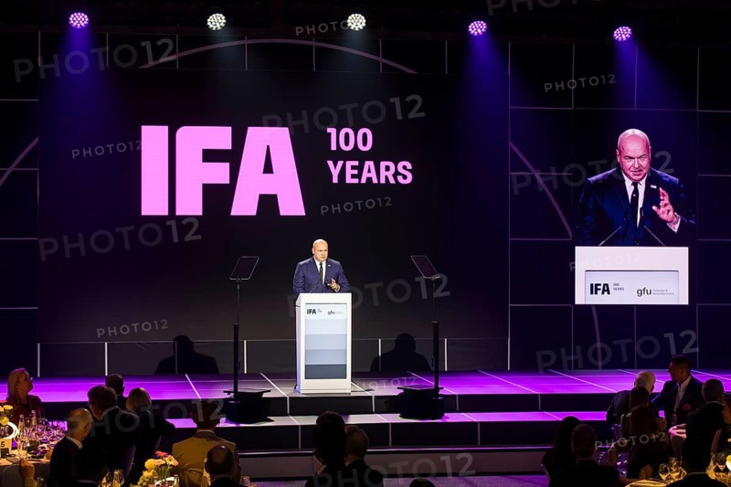 Leif-Erik Lindner, Managing Director of IFA Management GmbH speaks at the opening gala for 100 years of IFA in the CityCube, Berlin, 05/09/2024