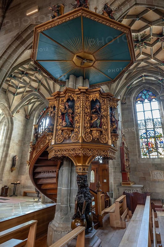 Pulpit, 17th century, of the Heilig-Kreuz-Münster, 15th century, Rottweil, Baden-Württemberg, Germany, Europe
