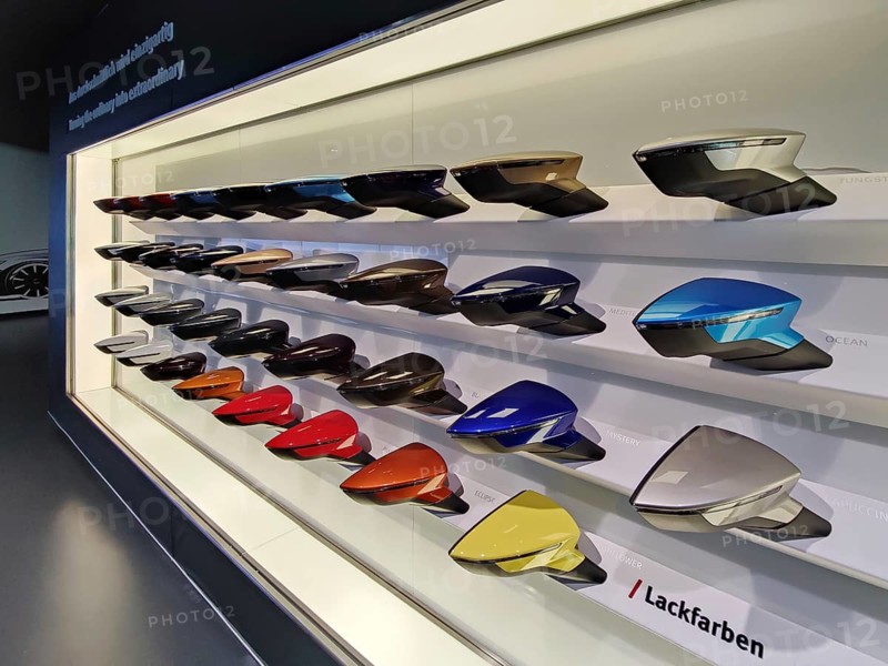 Paint colours of rear-view mirrors on the wall of the Seat Pavilion, Autostadt, Volkswagen AG, Wolfsburg, Lower Saxony, Germany, Europe