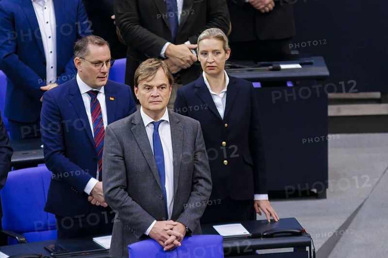 (L-R) Tino Chrupalla, Federal Chairman of the AfD (Alternative for Germany), Bernd Baumann, and Alice Weidel, AfD parliamentary group leader, in the plenary of the Bundestag. Berlin, 31.01.2024