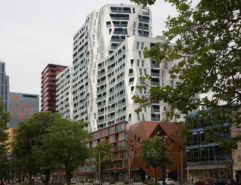 Modern architecture of the Calypso mixed use urban development project Rotterdam, Netherlands designed by British architect Will Alsop which includes 408 apartments, 500 covered parking spaces, and 6, 500 square meters of commercial space