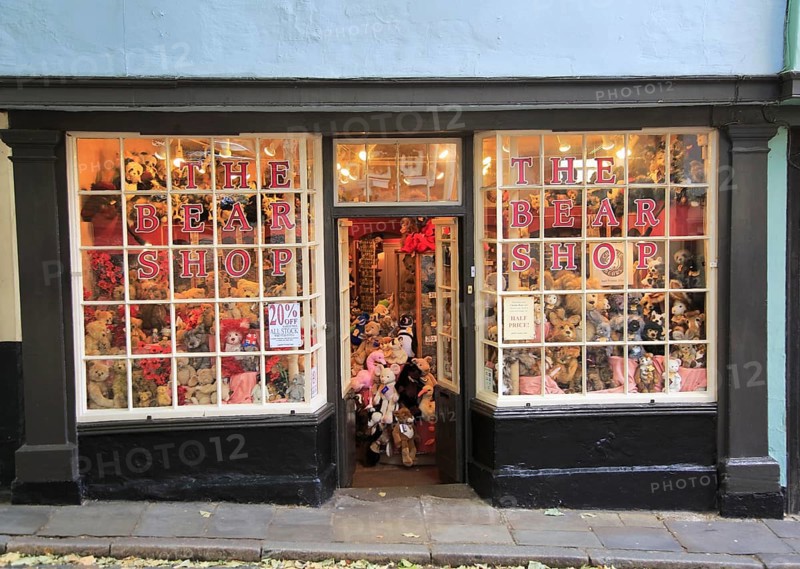 Historic buildings in Elm Hill, The Bear Shop, Norwich, Norfolk, England, UK