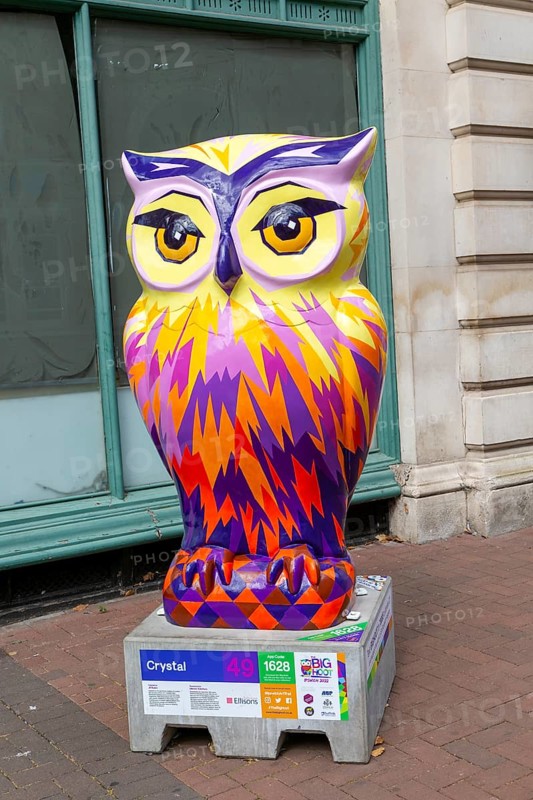 Big Hoot 2022, art trail event large painted owl sculpture in town centre, Ipswich, Suffolk, England, UK