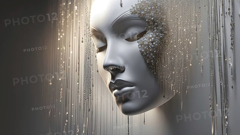 3d rendering of a mask adorned with tears suspended on a wall, AI generated