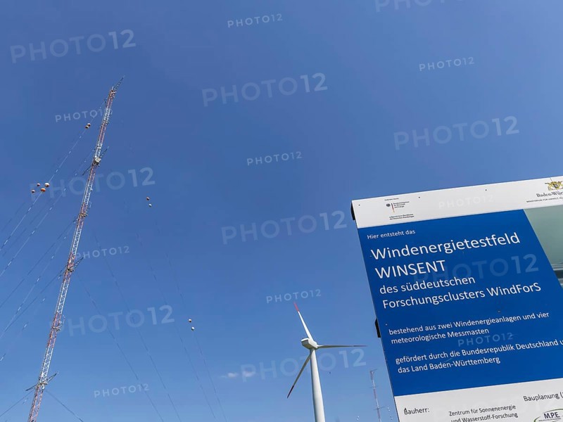 WINSENT test facility, research into wind power at high altitudes. In a research project, scientists in the Swabian Alb are investigating how wind turbines can be used efficiently under harsh conditions in mountainous regions. Two test wind turbines are fully equipped with measurement technology, flanked by four meteorological measuring masts. Geislingen an der Steige, Baden-Württemberg, Germany, Europe