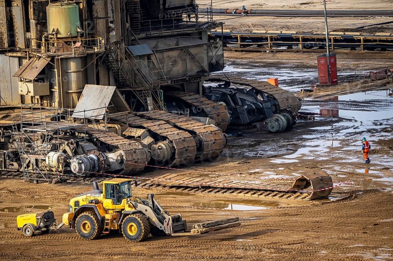 Garzweiler opencast lignite mine, bucket wheel excavator undergoing maintenance and repair, near Jüchen, North Rhine-Westphalia, Germany, Europe