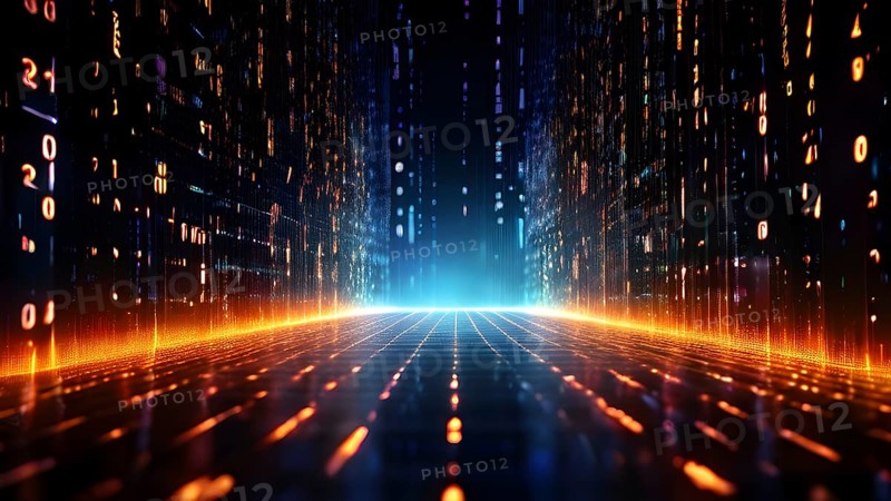 Digital data tunnel streaming with cascading binary code, AI generated