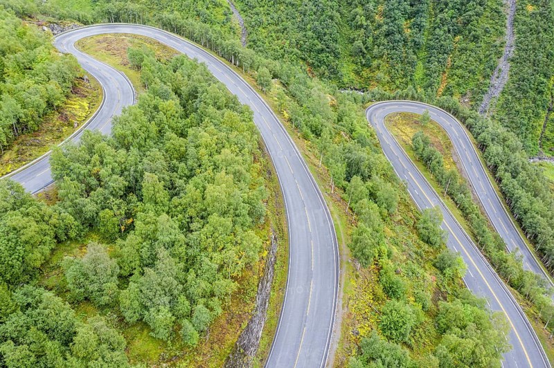 Hairpin curves in valley Hjelledalen east of Stryn, Norway, Europe