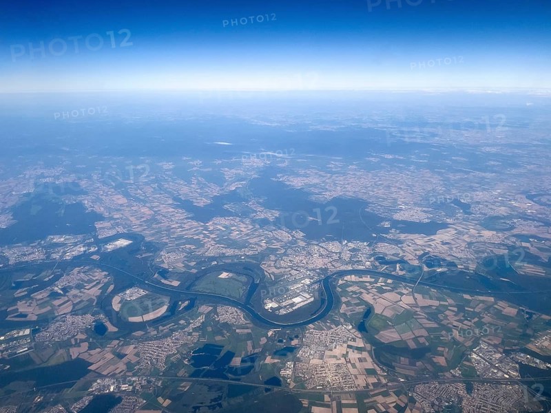Aerial view from a great height View of the winding Old Rhine and the Rhine straightened for river shipping Hockenheim at bottom right Speyer in the centre Philippsburg at bottom left, Germany, Europe