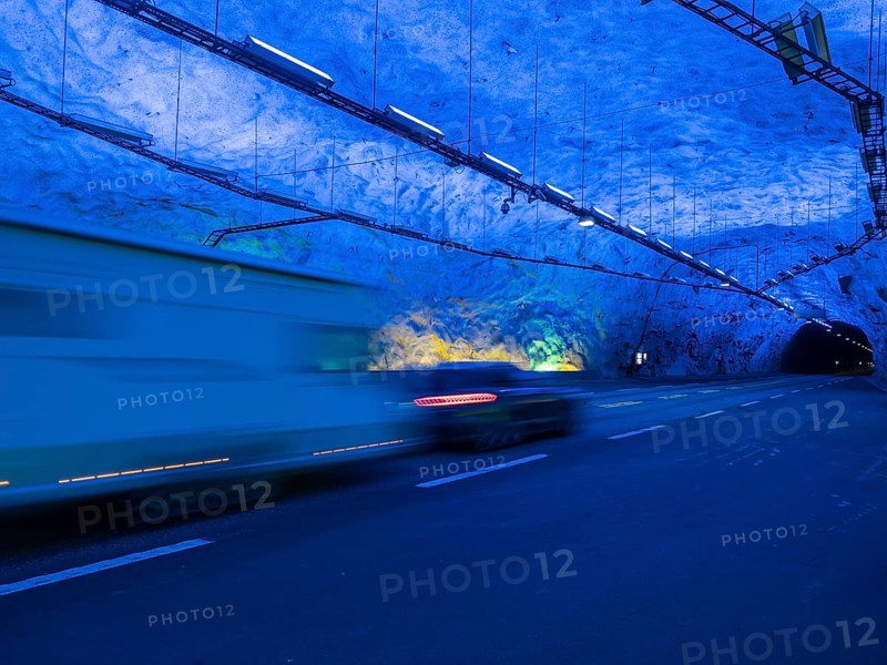 Tunnel between Aurland and Laerdal, Laerdalstunnelen, illuminated caves allow a stop, Sognefjord region, Norway, Europe