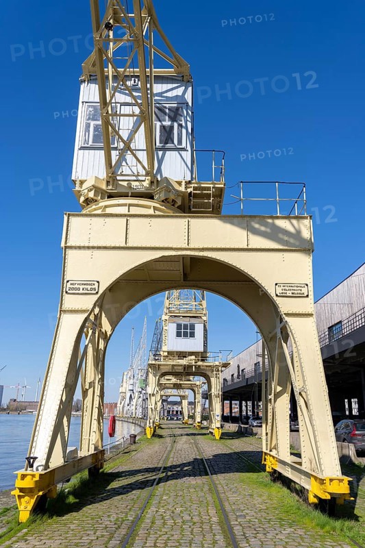 Harbour cranes on the Scheldekai, the world's largest collection of historic cranes, are part of the MAS, Museum aan de Stroom, Museum am Strom, Bonapartdok, in the Old Harbour Quarter, Het Eilandje of Antwerp, Flanders, Belgium, Europe