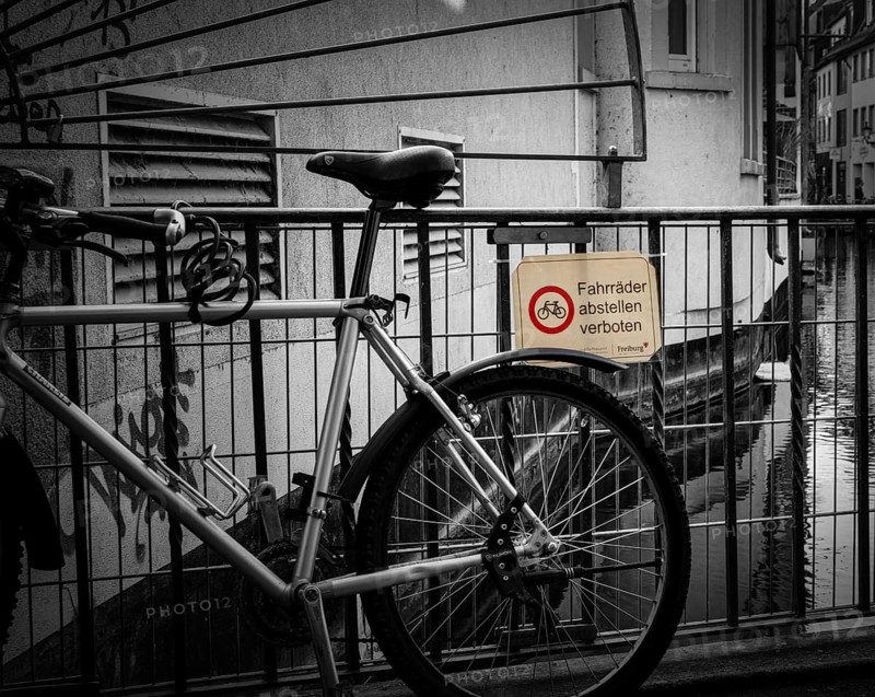 Bicycle, railing, prohibition sign, text, prohibition, city, Freiburg, Germany, Europe