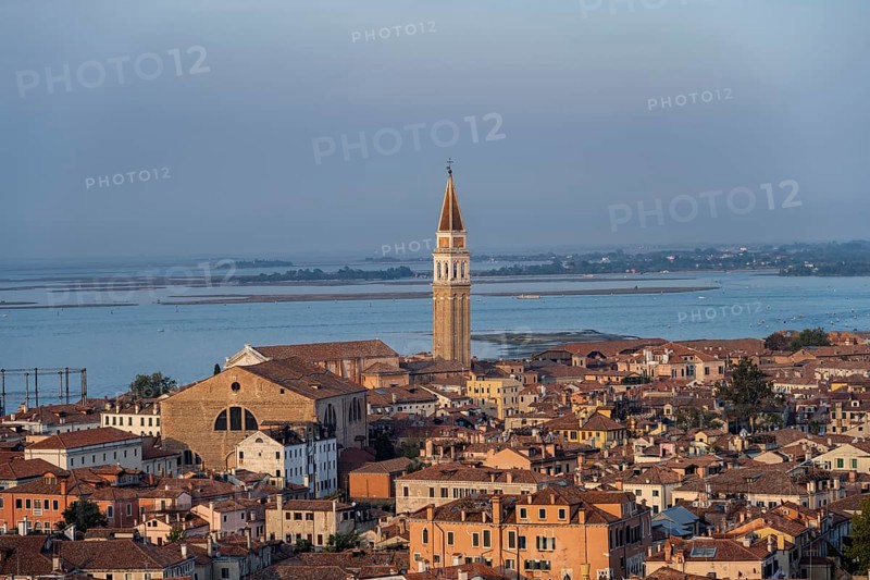 View over the roofs of Venice to the steeple of the church Chiesa di San Francesco della Vigna, view from the bell tower Campanile di San Marco, city view of Venice, Veneto, Italy, Europe