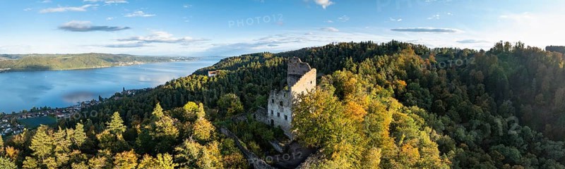 Aerial view, panorama of Lake Constance, Lake Überlingen, with the ruins of Altbodman on the Bodanrück, in autumn vegetation, Bodman-Ludwigshafen, district of Constance, Baden-Württemberg, Germany, Europe