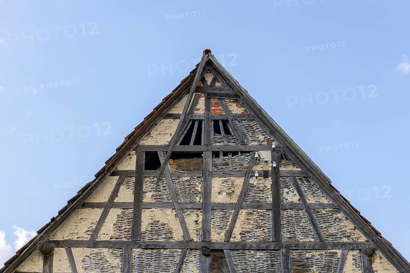 Old historic half-timbered house, gable, façade, in need of renovation, Swabian Alb, Baden-Württemberg, Germany, Europe
