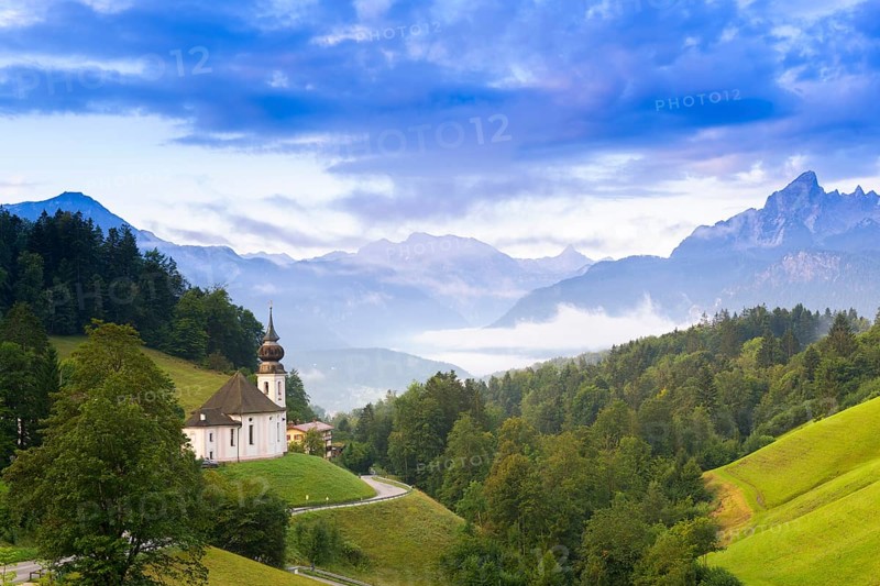 Maria Gern pilgrimage church, view of the Watzmann, in front of sunrise, Berchtesgarden Alps, Berchtesgaden, Berchtesgadener Land, Upper Bavaria, Bavaria, Germany, Europe