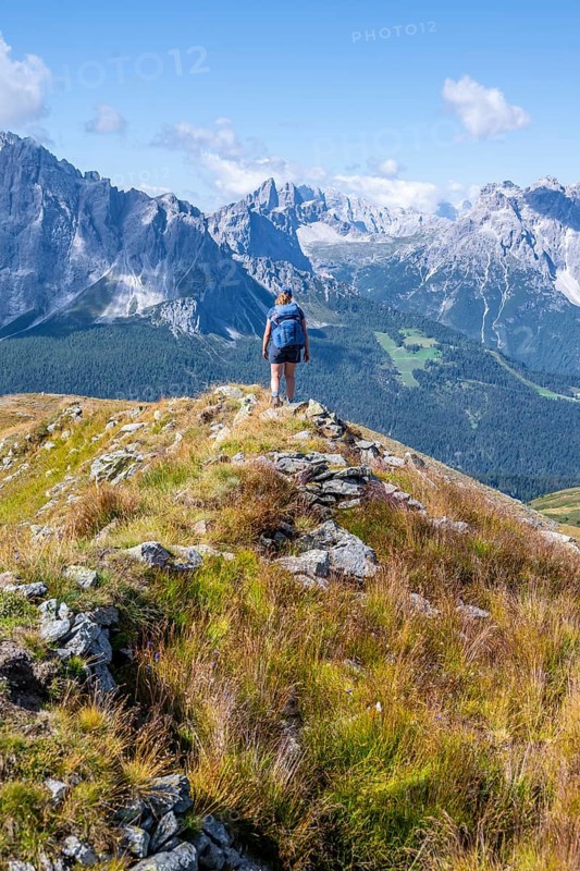 Hiker on the Carnic High Trail, Carnic Main Ridge, Carnic Alps, Carinthia, Austria, Europe