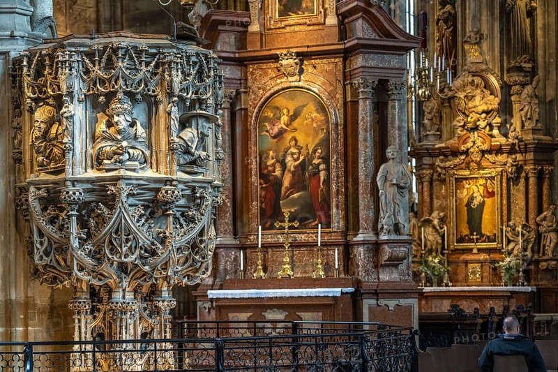 Pulpit in the interior of St Stephen's Cathedral in Vienna, Austria, Europe