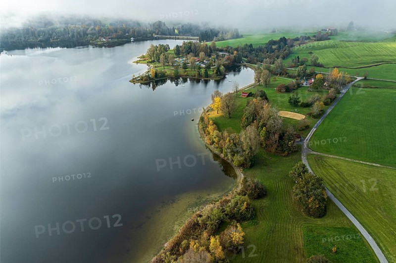 Sports facility and bathing area, lake Rottachsee, shore covered with fog, autumn, aerial view, Allgaeu, Bavaria, Germany, Europe