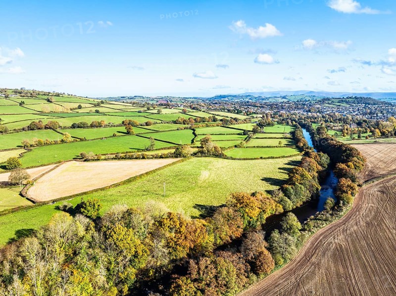 Fields and Farms over River Usk from a drone, Brecon, Brecon Beacons, Powys, Wales, England, United Kingdom, Europe