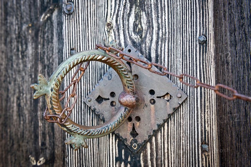 Door handle, door knocker, old peat church of Gröf or Grafarkirkja near Hofsós, Skagafjörður, Skagafjördur, Iceland, Europe