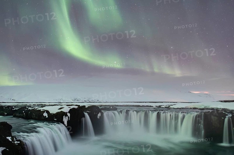 Northern Lights or Aurora Borealis, river Skjálfandafljót, waterfall Góðafoss or Godafoss, long exposure, North Iceland, Iceland, Europe