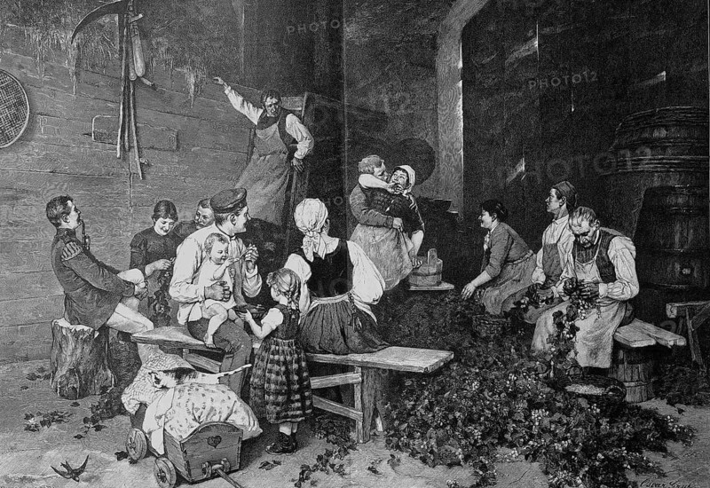 Quartering of soldiers with a hop farmer in the Hallertau, Germany, illustration from 1885, hop picking, historical, digital reproduction of an original from the 19th century, Europe