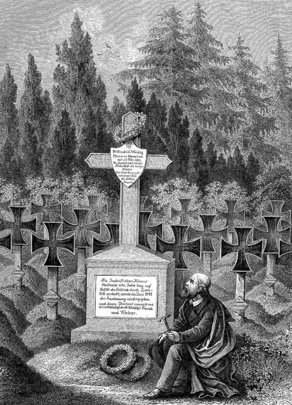 Mourning man at the tomb of Friedrich Weidig in the cemetery in Darmstadt, Germany. Friedrich Ludwig Weidig, 1791, 1837, German Protestant theologian, pedagogue, publicist and gymnastics pioneer, Historical, digitally restored reproduction from a 19th century original, Record date not stated