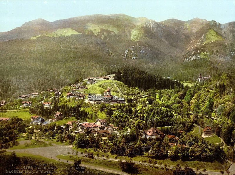 Pelesch Castle, Peles, Sinaia Monastery, Hotels, Barracks, Hungary and Villas, Sinaia, Romania, View from 1885, Historical, digitally restored reproduction from a 19th century original, Record date not stated, Europe