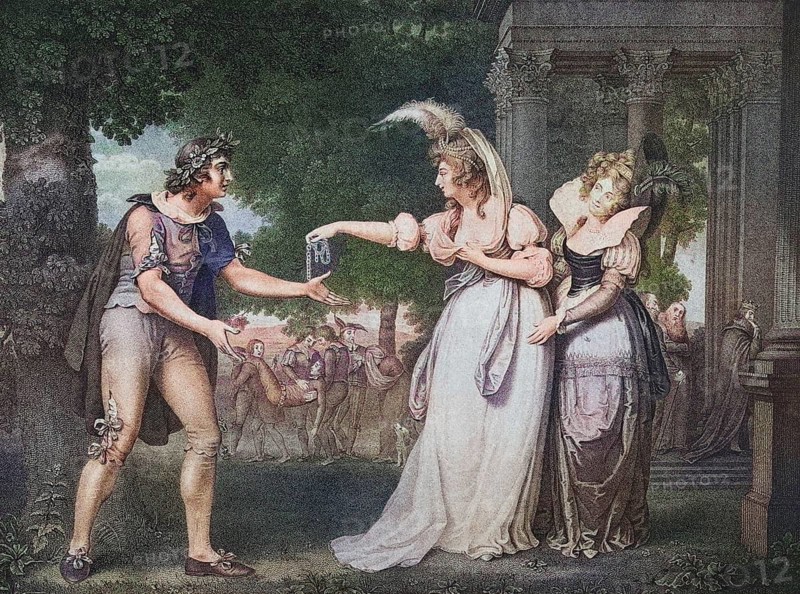 As you like it. Act I. Scene II. Lawn in front of the Duke's palace. Rosalind, Celia and Orlando. From the Boydell Shakespeare Gallery, published at the end of the 19th century, Historic, digitally restored reproduction from a 19th century original, Record date not stated