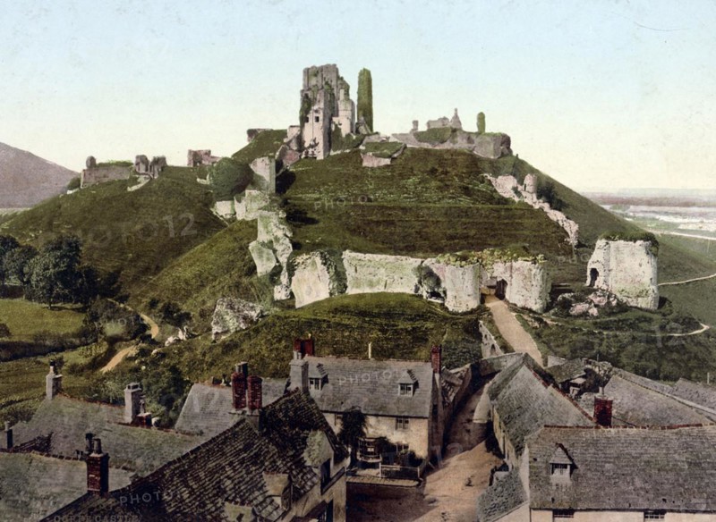 Corfe Castle is the ruins of a castle in the English village of Corfe Castle in the county of Dorset, England, around 1890, Historical, digitally restored reproduction from a 19th century original