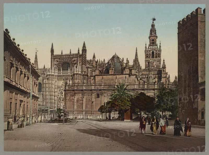 Plaza del Triunfo con la Catedral, Seville, Andalusia, Spain, c. 1890, Historic, digitally restored reproduction from a 19th century original, Europe