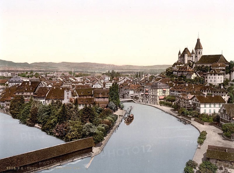 Thun, vom Thunerhof, Bernese Oberland, Switzerland, Historic, digitally restored reproduction from a 19th century original, Record date not stated, from the Thunerhof, Bernese Oberland, Switzerland, Historic, digitally restored reproduction from a 19th century original, Record date not stated, Europe