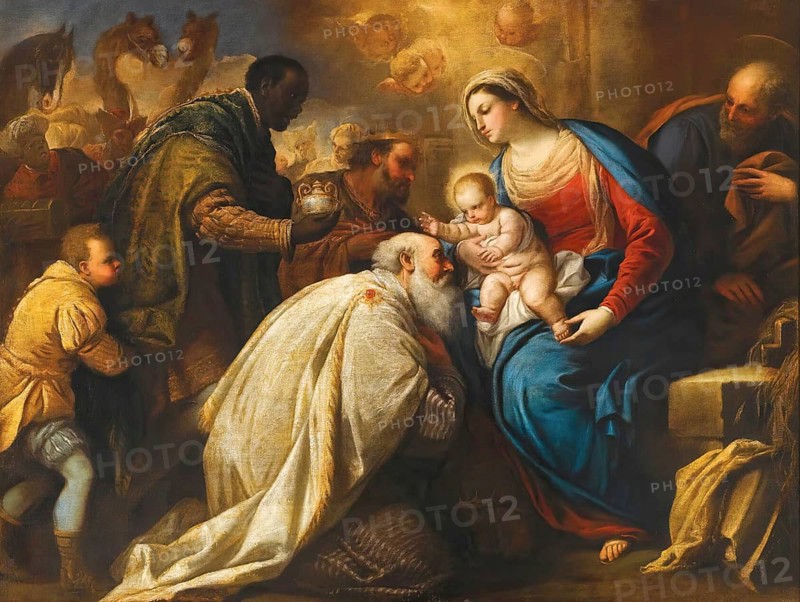 The Adoration of the Magi, painting by Luca Giordano (Italian, 1634-1705), historically, digitally restored reproduction of a 17th-century original, exact date unknown, The Adoration Of The Magi, painting made by Luca Giordano (Italian, Historically, digitally restored reproduction of a 17th-century original, exact date unknown