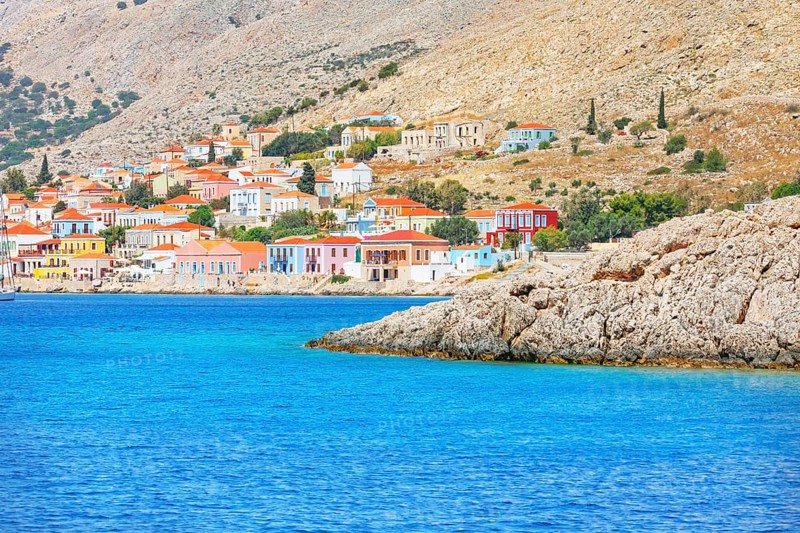 View of Emporio harbour, Halki Island, Dodecanese Islands, Greece, Europe