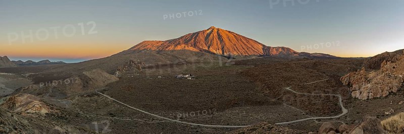 Panorama during the ascent to Alto de Guajara, 2715m, over the Teide National Park, Parque Nacional del Teide, to Pico del Teide, 3715m, at sunrise, Tenerife, Canary Islands, Spain, Europe