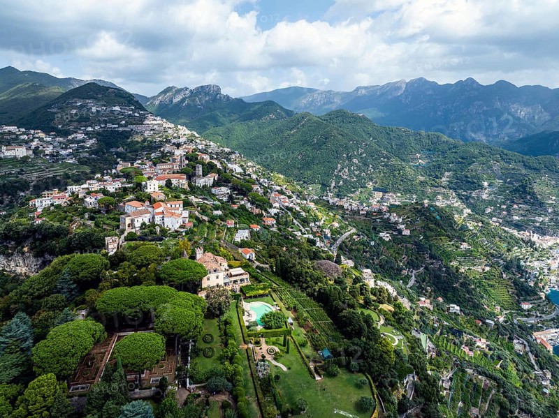 View of Ravello from a drone, Amalfi Coast, Tyrrhenian Sea, Salerno, Campania, Italy, Europe