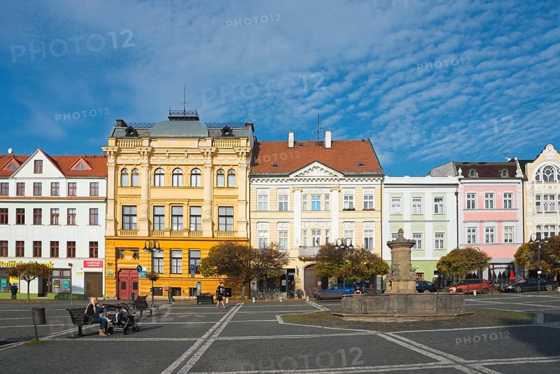 Urban street with historic buildings and a fountain under a clear sky, Ceská Lípa, Bohemian Leipa, Leipa, Liberecý kraj, Bohemia, Czech Republic, Europe