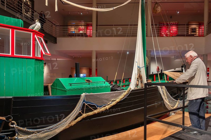 Fishing boat OD. 1 Martha in the NAVIGO Visserijmuseum, fishery museum at Oostduinkerke, Koksijde, West Flanders, Belgium. Model released