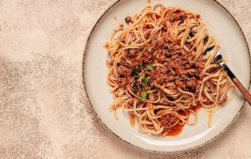 Spaghetti Bolognese, top view, close-up, without people, homemade
