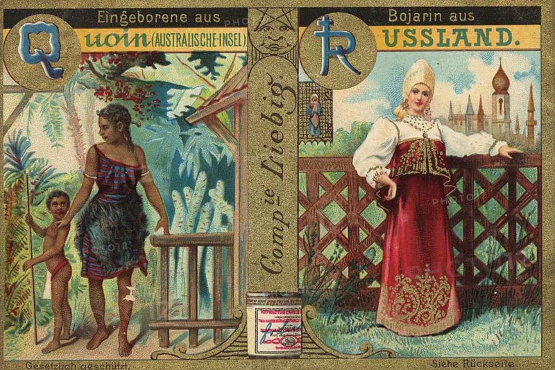 Picture series Noble woman from all over the world, Woman from Quoin, Australian island and Boyarin from Russia, Liebig picture, digitally restored reproduction of a collection picture from ca 1900, public domain, exact date unknown, An aboriginal woman from Australia and a Russian boyarin in traditional dress