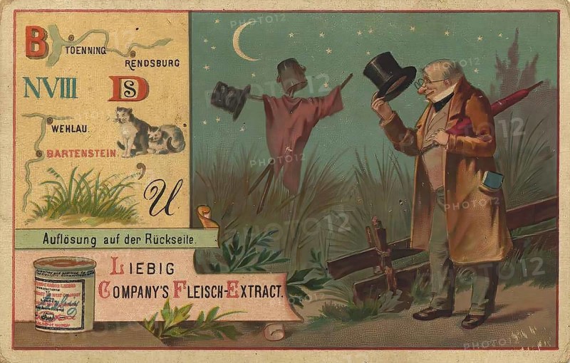 Picture series picture puzzle, Liebig picture, digitally restored reproduction of a collective picture from ca 1900, public domain, exact date unknown, An elderly man greets a scarecrow in a nocturnal setting with a cat