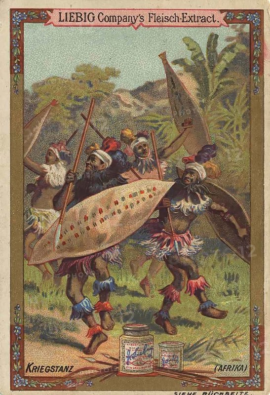 Picture series various dances, war dance of the Negroes in Africa, Liebig picture, digitally restored reproduction of a collector's picture from ca 1900, public domain, exact date unknown, African warriors energetically dancing a traditional war dance in an exotic landscape