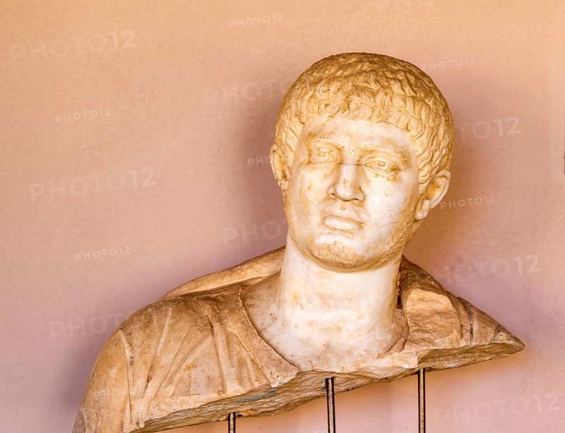 Carved marble portrait of Roman man, archaeology museum, Apollonia Archaeological Park, Albania 2nd-3rd century AD