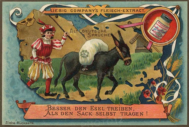 Picture series Altdeutsche Sprüche, besser den Esel treiben als den Sack selber tragen, Liebig picture, digitally restored reproduction of a collector's picture from around 1900, public domain, exact date unknown, A man in clown costume drives a donkey with a sack through a historical landscape