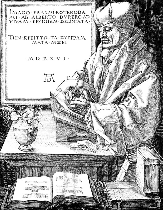 Erasmus of Rotterdam, after A. Dürer 1526, portrait, universal scholar, humanist, European humanism, author, editor of numerous writings, at the writing desk, books, literature, flower vase, writing, historical illustration 1883